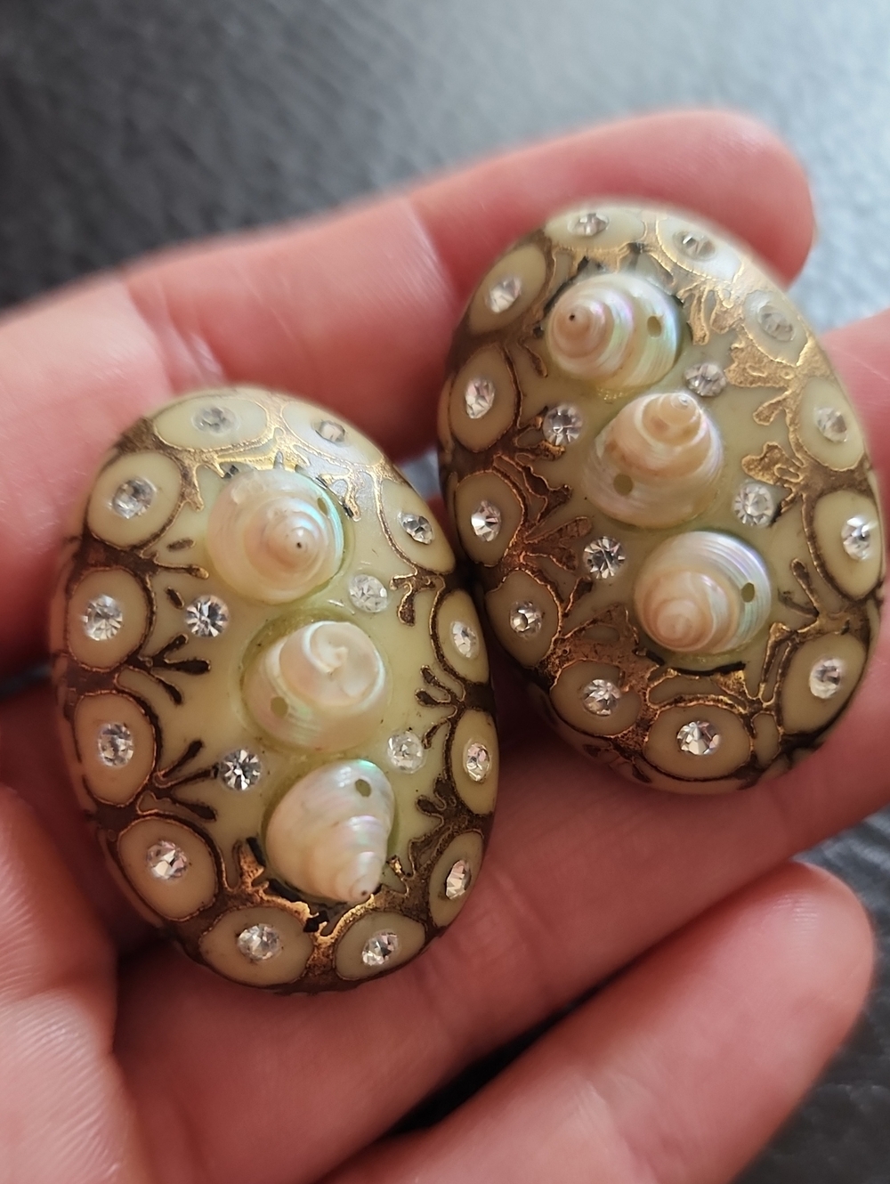 Vintage Cream Shell and Crystal Oval Clip-On Earrings